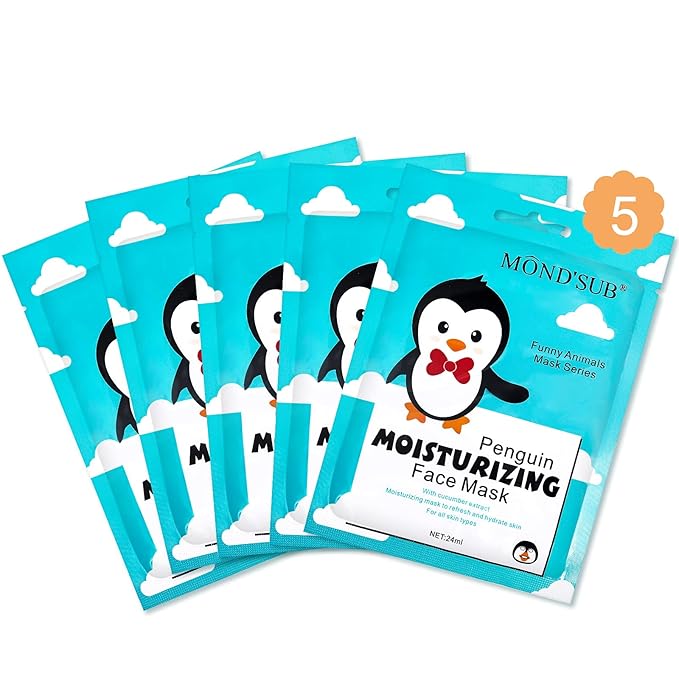 MOND'SUB Animal Spa Beauty Mask, Character Masks Sheet-(Pack of 5) Penguin Nourishing & Moisturizing Effects For All Skin Types- Birthday Party Gift for her, Girls Night, Spa Night, Beauty Gift