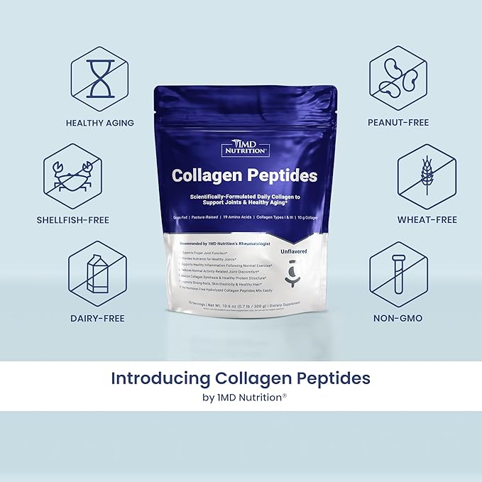 1MD Nutrition Collagen Peptides - Hydrolyzed Collagen Powder Types I & III for Women & Men - Joint, Hair & Nail Support - Unflavored - 30 Servings (2-Pack)