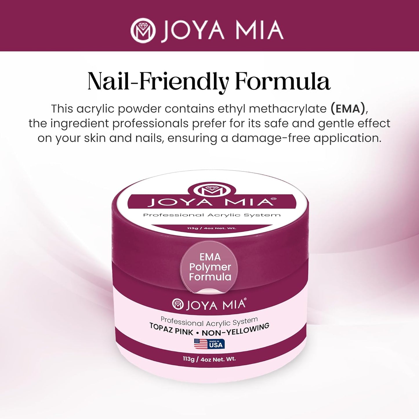 Joya Mia Acrylic Powder for Nails, MMA-Free, Super Adhesion Professional Powder for Flawless & Long-Lasting Nail Enhancements, Easy Application, Vibrant & Stunning Colors - Topaz Pink, 4 oz
