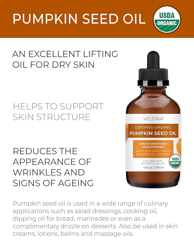 velona Pumpkin Seed Oil USDA Certified Organic - 4 Fl Oz | 100% Pure and Natural Carrier Oil | Unrefined, Cold Pressed | Cooking, Face, Hair, Body & Skin Care | Use Today - Enjoy Result
