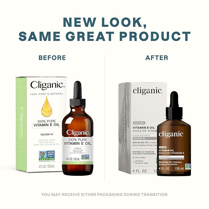 Cliganic 100% Pure Vitamin E Oil for Skin, Hair & Face - 120,000 IU, Non-GMO Verified | Natural D-Alpha Tocopherol (Packaging May Vary)