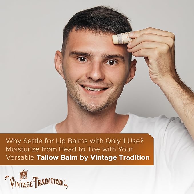 Vintage Tradition Moisturizing Beef Tallow Lip Balm – Tube Lip Moisturizer with Peppermint Essential Oil Hydrates & Soothes Dry Lips – Grass-Fed Tallow Balm for Skin Care, 0.5 Fl. Oz.