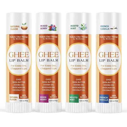 All Natural Lip Balm For Very Dry Lips | Hydrating & Moisturizing Lip Balm with Shea Butter, Ghee, Jojoba Oil, Coconut Oil | Chapped Lips & After Sun Care | BioSerene (4.5 gms/tube, Assorted)