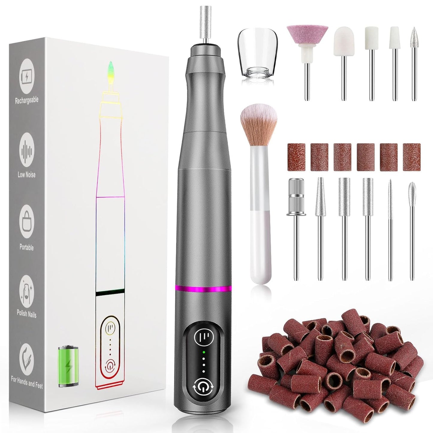 Cordless Nail Drill Electric Rechargeable File Kit, Professional Efile Acrylic Gel Nail Polish Remover Pedicure Manicure Machine Portable Set with 11 Bits 56 Sanding Bands for Salon Home Gray