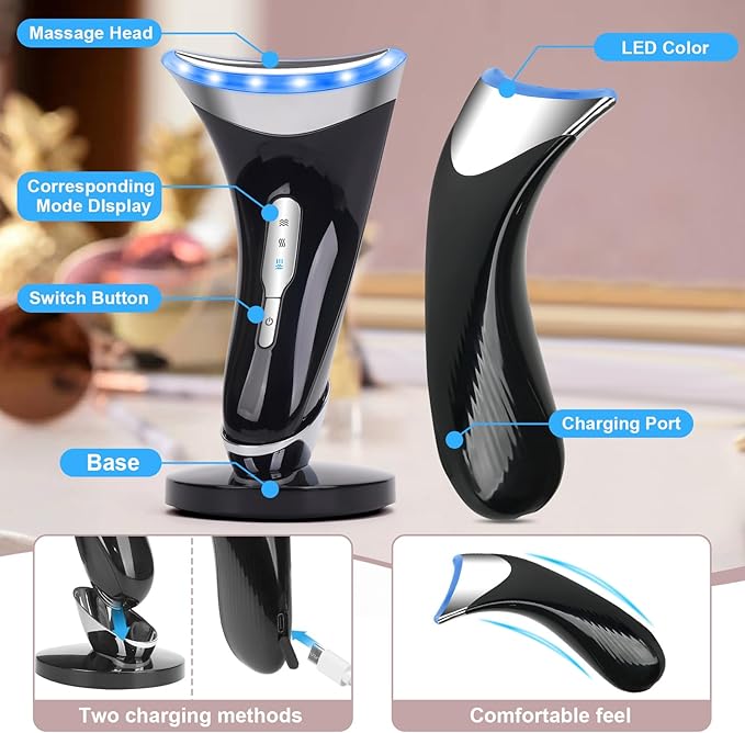 Face and Neck Massager,Multifunctional Facial Skin Care Tools,3 in 1 Facial Massager, and Vibration Technologies for Skin Care,Improve,Firm,Tightening and Smooth (Black)