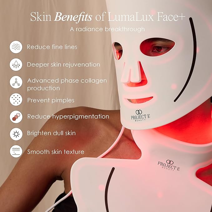 Project E Beauty Lumalux Face+ | Pro LED Light Therapy Face & Neck Mask 1600 LEDs | 7+2 Colors 460~1072nm | Red Light + Infrared + Deep Infrared Mask