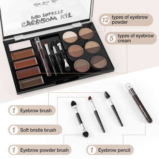 Eyebrow Powder Palette Set - 12 Colors, 5 Mascaras, 4 Stencils, Brush & Pencil, Volumizing Gel for Natural Brows
