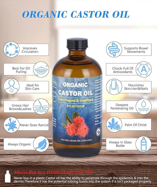 Organic Castor Oil for Face Roll On，Rollerball Castor Oil, Deep Hydration for Skin Care and Hair, Castor Oil Organic Cold Pressed Unrefined Glass Bottle 8oz with 2 Roller