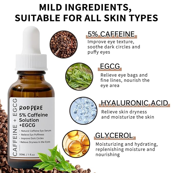 Caffeine Eye Serum With EGCG For Dark Circles and Puffiness, 30ML Anti Aging 5% Caffeine Solution For Puffy Eyes, Fine Lines, Moisturizing Under Eye Serum.