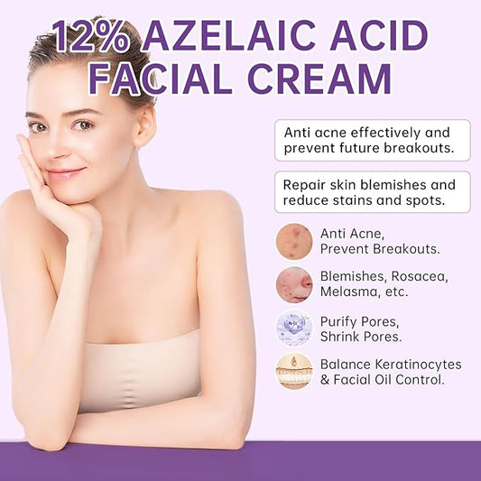 Azelaic Acid 12% Serum for Acne, Azelaic Acid Cream for Acne, blemishes and Pimples, Nicotinamide Serum Balances Excess Sebum for Smooth Skin, 0.7 OZ