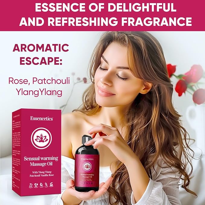 Massage Oil 8 oz - Organic Body Massage Oil with Ylang Ylang, Patchouli & Vanilla Rose - Relaxing Massage Therapy