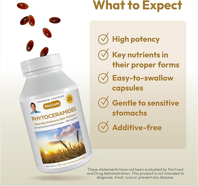 ANDREW LESSMAN Phytoceramides with Biotin 60 Softgels - Skin’s Vital Natural Internal Moisturizer. Naturally Enhances Soft, Smooth, Radiant Skin. No Additives. Small Easy to Swallow Softgels