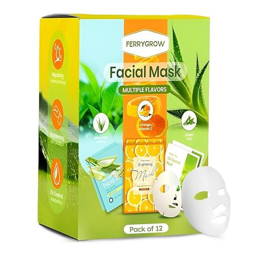 Face Sheet Mask | 3 Variants: Aloe Vera, Orange Vitamin C, Green Tea | Hydrating & Nourishing Skincare for Glowing Skin | Deep Moisture & Self-Care Beauty Sheets 12pcs