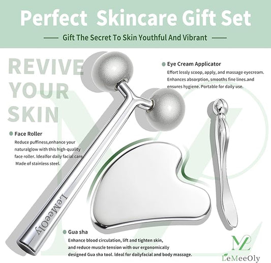 Gua Sha Facial Tools Stainless Steel & Face Roller Massager Skin, Facial Massage Skin Care for Face Neck Body, Reduce Puffiness Remove Wrinkles, Valentines Gift for Women