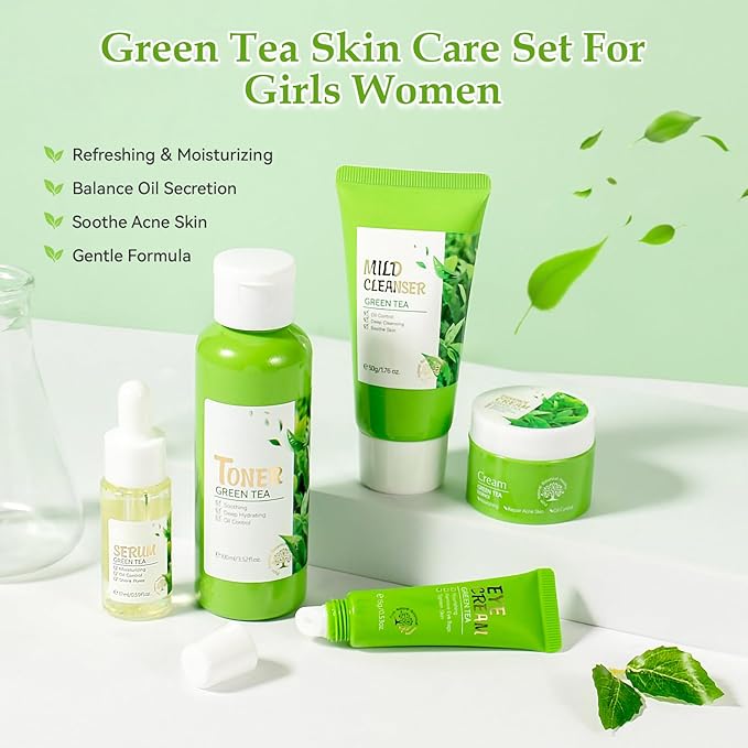 Skin Care Set, Green Tea Skin Care Sets & Kits, Skin Care for Teenage Girls Gift Set with Cleanser, Toner, Serum, Eye Cream, Facial Cream, Facial Skin Care Sets & Kits for Teenage Girls Women