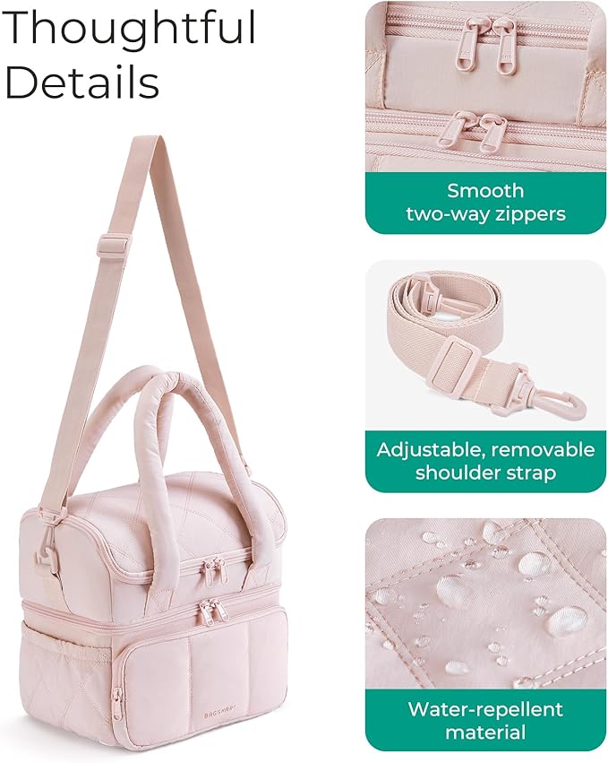 BAGSMART Lunch Bag Women, Double Deck Insulated Lunch Box, Quilted Puffer Lunch Tote, Leakproof, Durable & Reusable Large Lunch Cooler For Work Picnic Travel Meal Prep, Pink