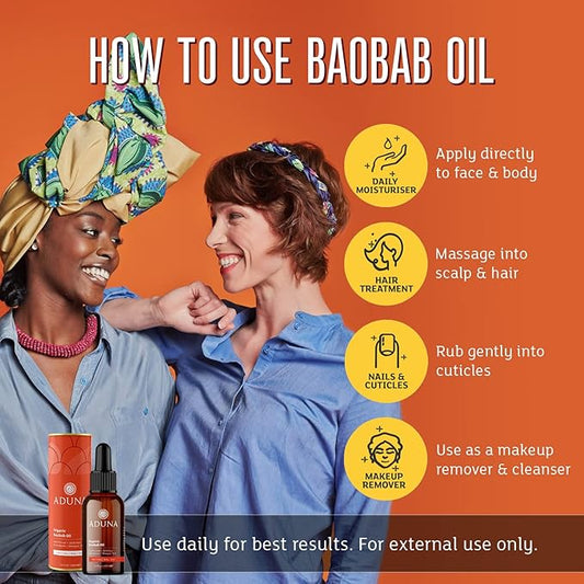 Aduna Wild Harvested Baobab Oil - 100% Organic - 3.4fl oz Pure Baobab Oil - Unrefined Cold-Pressed Body, Hair & Face Oil - Moisturizing & Anti-Ageing