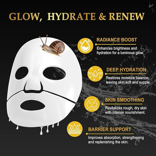 Snail Mucin Mask - Collagen Face Mask, 6 EA Face Sheet Mask with Advanced Snail Mucin Serum, Hydrating Facial Masks Skincare, Overnight Hydrogel Face Mask for Women, Korean Skin Care Glass Glow