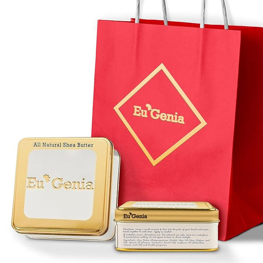Eu'Genia Extra Strength Shea Butter Gift Set – Tins with Bag Gift Note & Tissue Paper – Intensive Moisturizing & Nourishing Shea Butter (2 Pack, Unscented & Grapefruit)