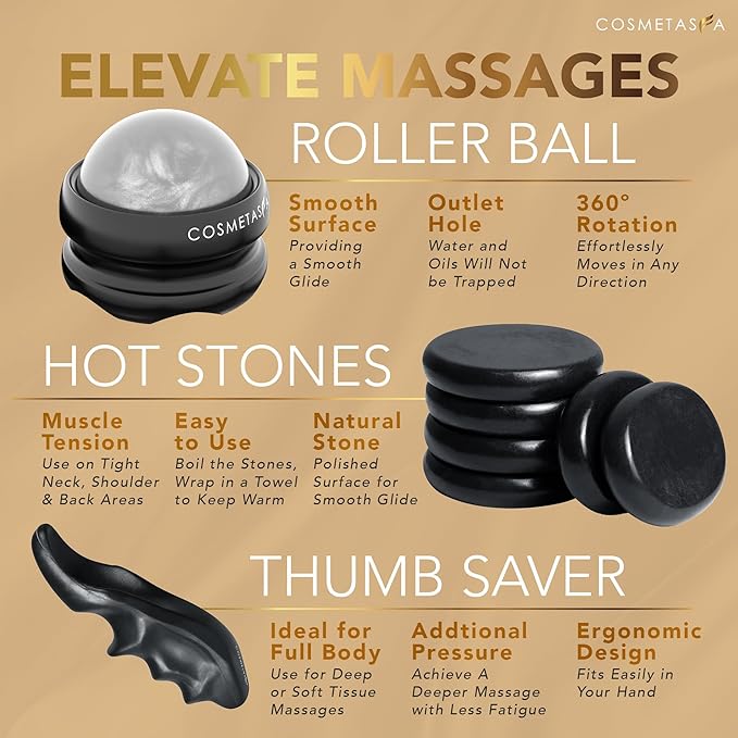 Cosmetasa Luxury Spa Gift Set for Women & Men - Relaxation Lavender Massage Oil, Citrus Coconut Massage Oil, Arnica Sore Muscle Massage Oil with Hot Stones, Roller Ball and Thumb Saver Massage Tools