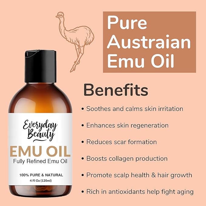 Pure Australian Emu Oil - All Natural 6X Refined for Face, Skin and Hair - Highly Effective Hydration for Sensitive Skin and Hair Growth - Perfect for Scars and Blemishes - 4 oz