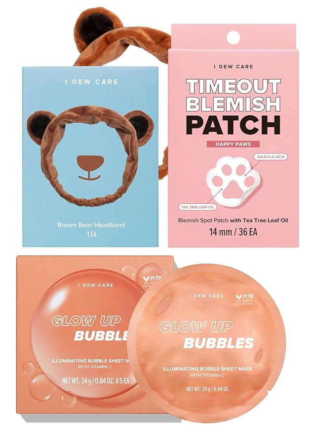 I DEW CARE Facial Skin Care Set - Glow Up Bubble & Timeout Blemish Patch & Headband | Face Sheet Mask, Cute Pimple Patches, Clear and Soothe Irritation, Blemish Treatment, Mother's Day