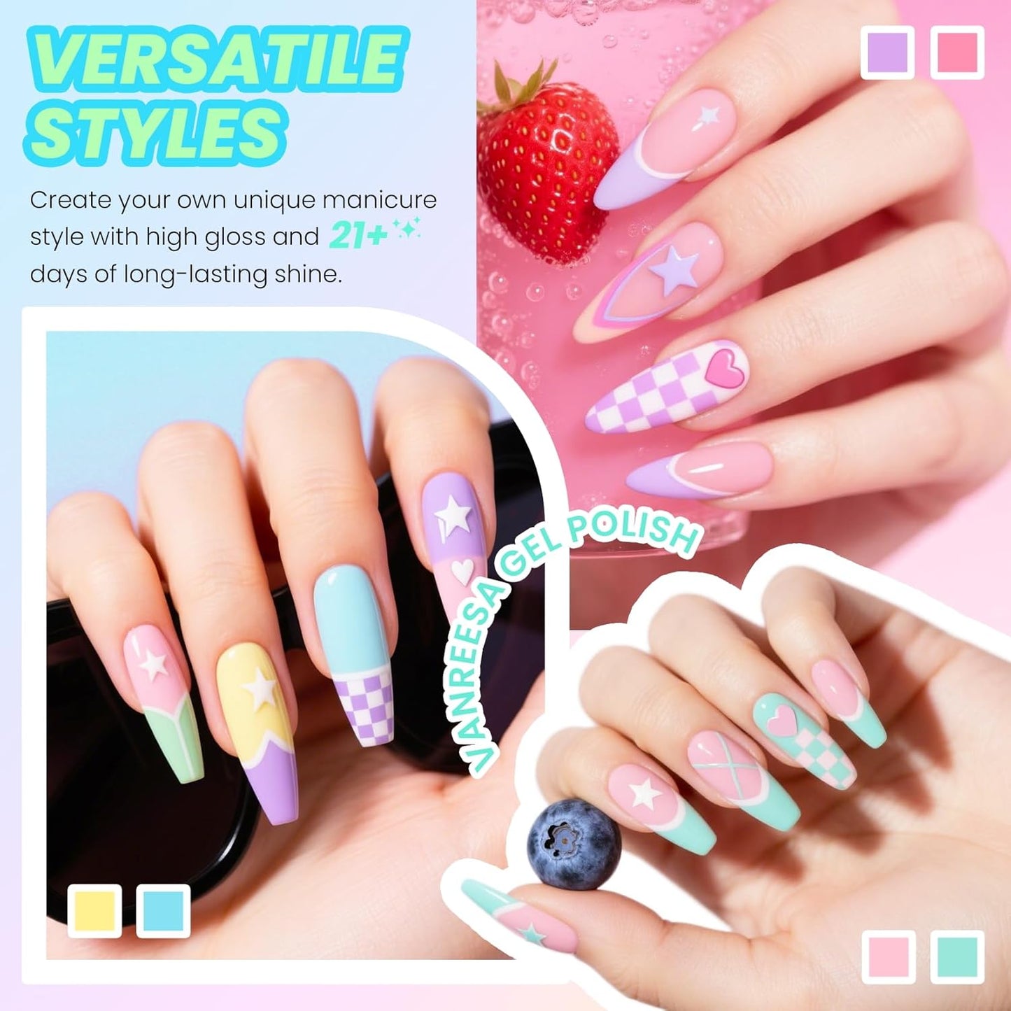 VANREESA 24 Pcs Gel Nail Polish Set, 21 Colors Gel Polish with Base Coat Glossy & Matte Top Coat Yellow Green Blue Pink Purple Orange Gel Polish Kit Nail Kit Gifts for Women Girls