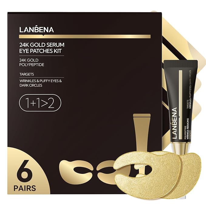 LANBENA Under Eye Patches (6 Pairs), Wrinkle-Reduce Essence(0.27 Fl.Oz), 24K Gold Full Around Gel Serum Mask, Puffy Undereye Treament, Fine Lines, Refresh, Hydrate| Paraben free, Eye Skin Care