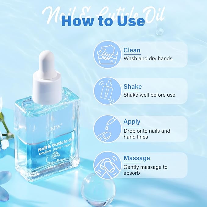 EJW Dual Layer Cuticle Oil for Nails - Nourishes & Repairs Dry, Damaged Cuticles, Strengthens Nails, Reduces Hangnails & Hand Lines, Fast-Absorbing Natural Formula, Ocean Breeze Scent, 0.5 fl. oz