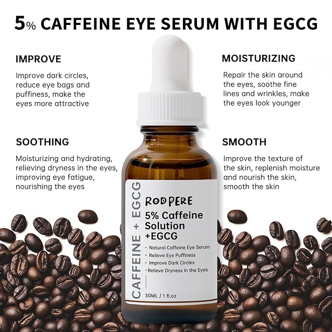 Caffeine Eye Serum With EGCG For Dark Circles and Puffiness, Anti Aging 5% Caffeine Solution For Puffy Eyes, Fine Lines, Moisturizing Under Eye Serum, 2PCS.