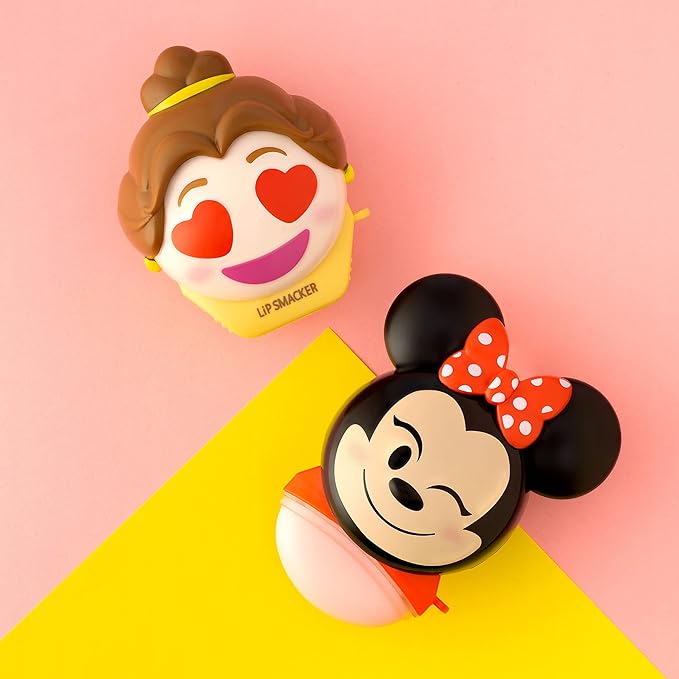 Lip Smacker Disney Minnie Mouse and Beauty And The Beast Belle Emoji Lip Balm Duo, Flavored Strawberry Lemonade, Bow-nade, 2 Pack