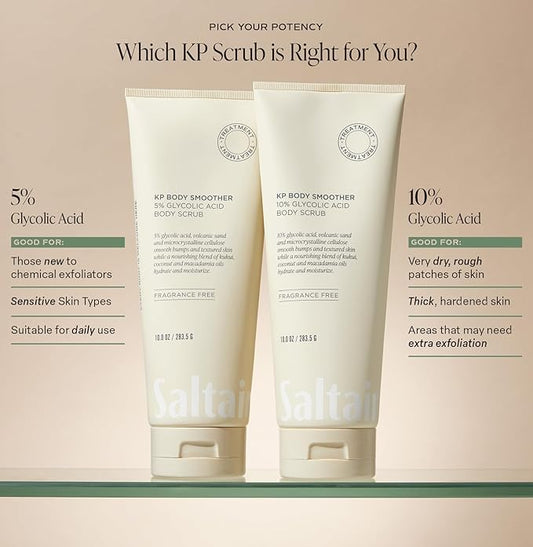 Saltair KP Body Scrub. 10% Glycolic Acid Treatment with Volcanic Sand and Plant Moisturizers. Fragrance-Free Physical Chemical Exfoliator. Exfoliating Body Scrubber for Rough Bumpy Skin, 10oz.