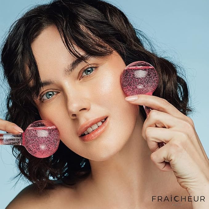 FRAÎCHEUR ICE Globes | Frozen Cryo Roller for Cold Facial Massage | Skincare Cooling Glass Massager with Anti-Freeze Liquid Inside | Reduce Puffiness, Pores (Pink with Glitters)