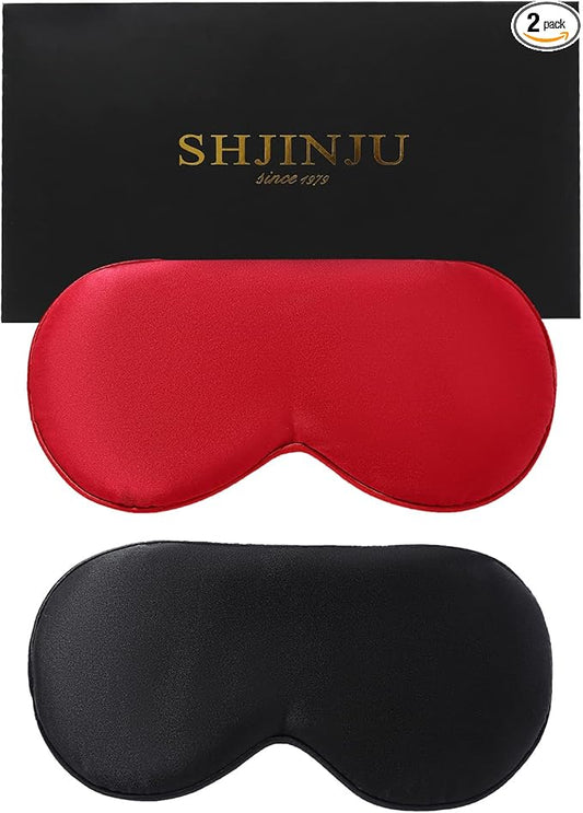 2-Pack 100% Real Natural Silk Eye Mask, Silk Sleeping Mask, Shade Puffy Eye Gift with Adjustable Straps, Sleep Eye Mask, SHJINJU Eye Mask Shade (Black and red)