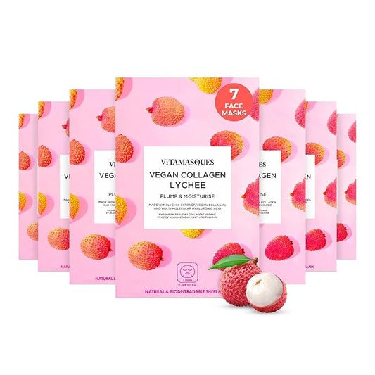 Vitamasques Vegan Collagen Lychee Face Sheet Mask Plumping & Moisturizing Korean Skin Care Facial Mask with Lychee Extract & Hyaluronic Acid - Natural & Biodegradable