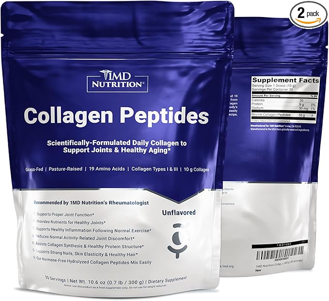 1MD Nutrition Collagen Peptides - Hydrolyzed Collagen Powder Types I & III for Women & Men - Joint, Hair & Nail Support - Unflavored - 30 Servings (2-Pack)