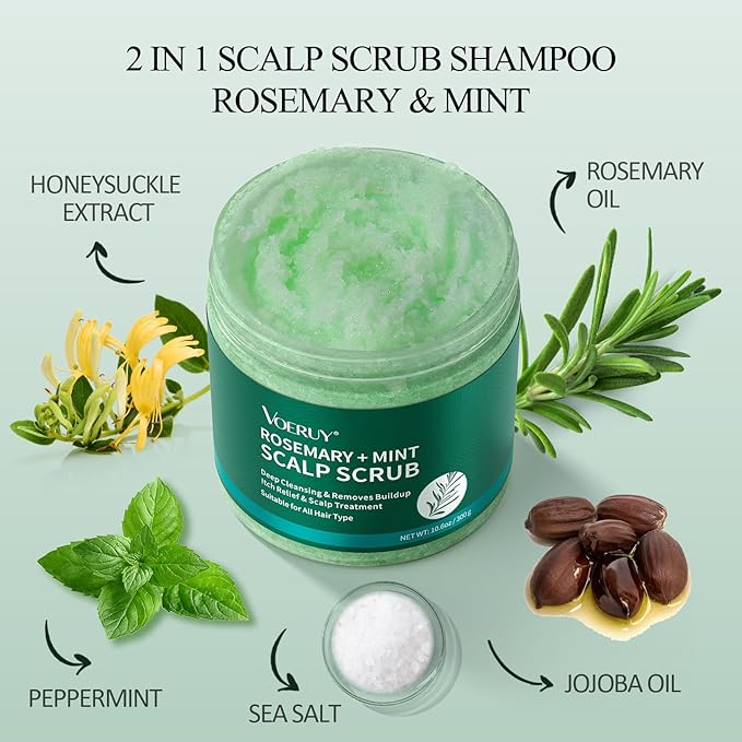 Scalp Scrub, Rosemary Scalp Exfoliator Scrub Shampoo, 2-in-1 Scalp Treatment with Mint Oil, Hair Treatment to Clarify and Remove Build Up with Silicone Scalp Massager, 10.6oz/300g