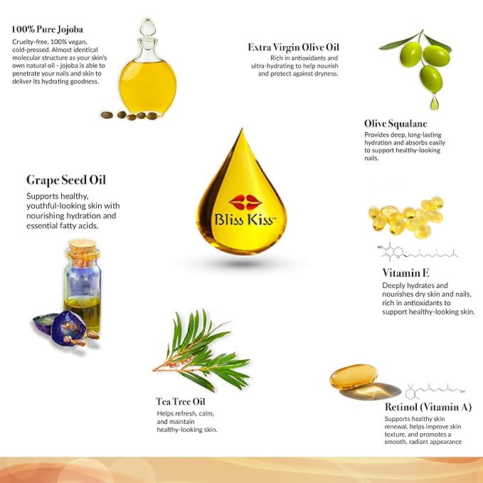 Bliss Kiss | Vanilla Fragrance | Nail Oil Cuticle Dropper w/Vitamin E & Jojoba⏤Nail Strengthener Nail Growth Serum for Brittle Peeling Breaking Thin Nails | 0.5oz |