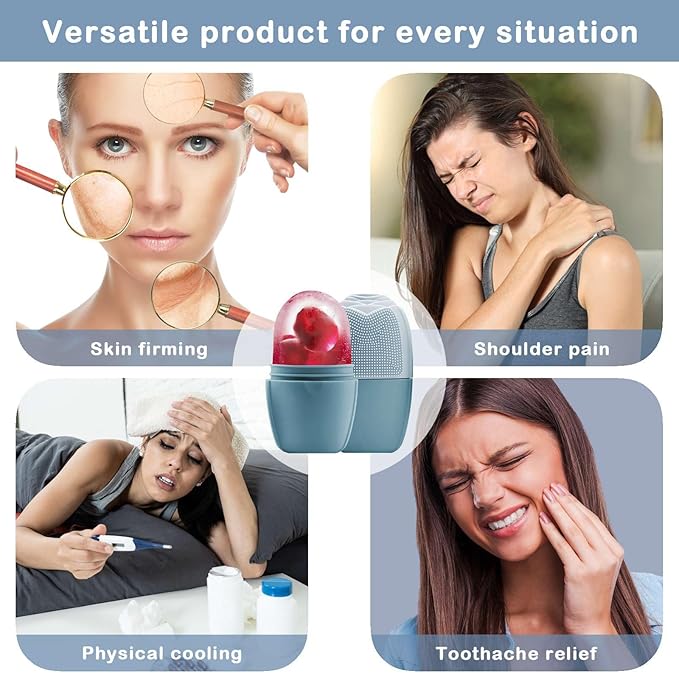 KOGITI Face Ice Roller & Mold - Beauty Facial Massage Tool for Puffiness Relief, Ice Cube Holder (Brush-Blue)