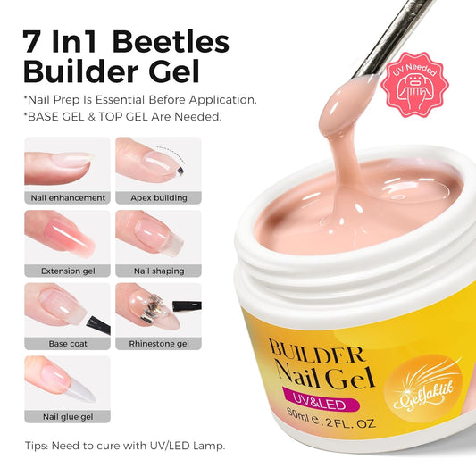 Builder Gel for Nails, 60g Nude Hard Gel for Nail Extension with 10 Nail Forms, Strengthener & Thickening, UV LED Lamp Cured Sculpture, Repair Broken Nails, Salon DIY Manicure Kit