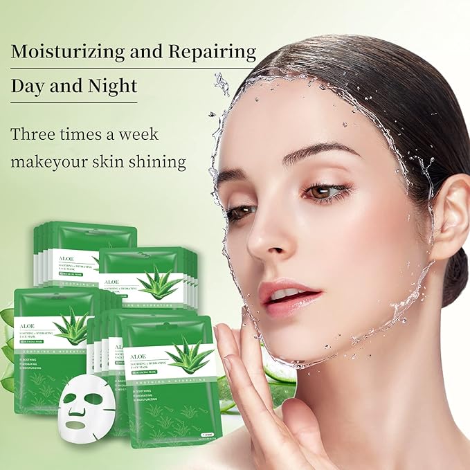 Face Masks Skincare Sheet Mask Aloe Vera Sheets Mask, Hydrating Face Masks Soothing Facial Mask for All SkinTypes Sun Care, Facial Masks for Women Skin Care Sheet Masks for Face Pack of 10