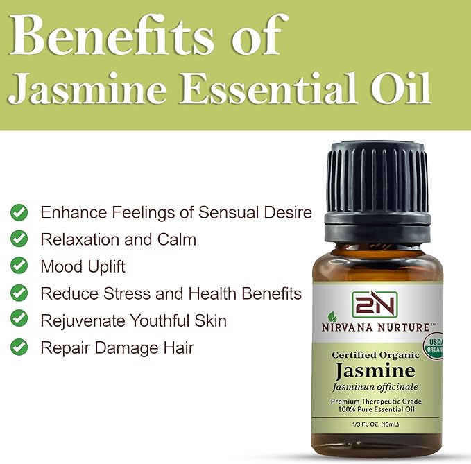 Jasmine Essential Oil USDA Certified Organic 100% Pure Premium Therapeutic Grade, Undiluted - Aromatherapy Diffuser for Calm and Relaxation, Skin Care, Hair Care