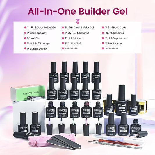 JODSONE Builder Gel Nail Kit with U V Light Base Top Coat 21 Colors High Shine Builder Gel and 100 PCS Extension Stickers