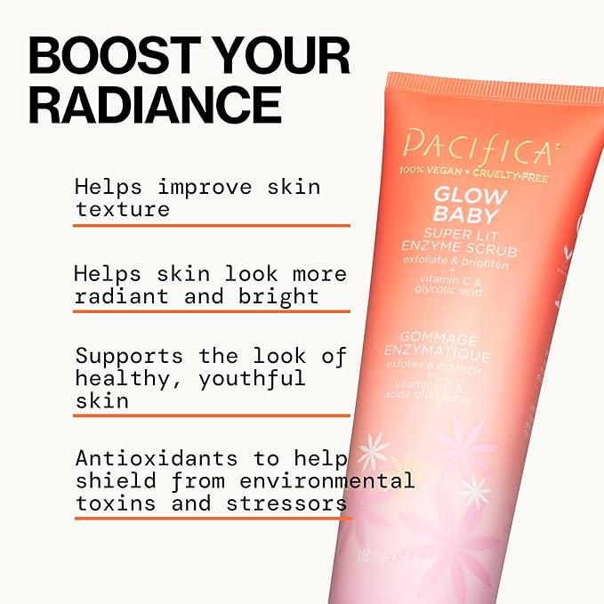 Pacifica Face Scrub - Glow Baby Super Lit Enzyme Scrub Mini, Skincare, Exfoliating Face Wash, Vitamin C, Glycolic Acid, Pore Cleaner, For Soft and Smooth Skin, Vegan, Travel Size, 1.4 fl oz (1 Count)