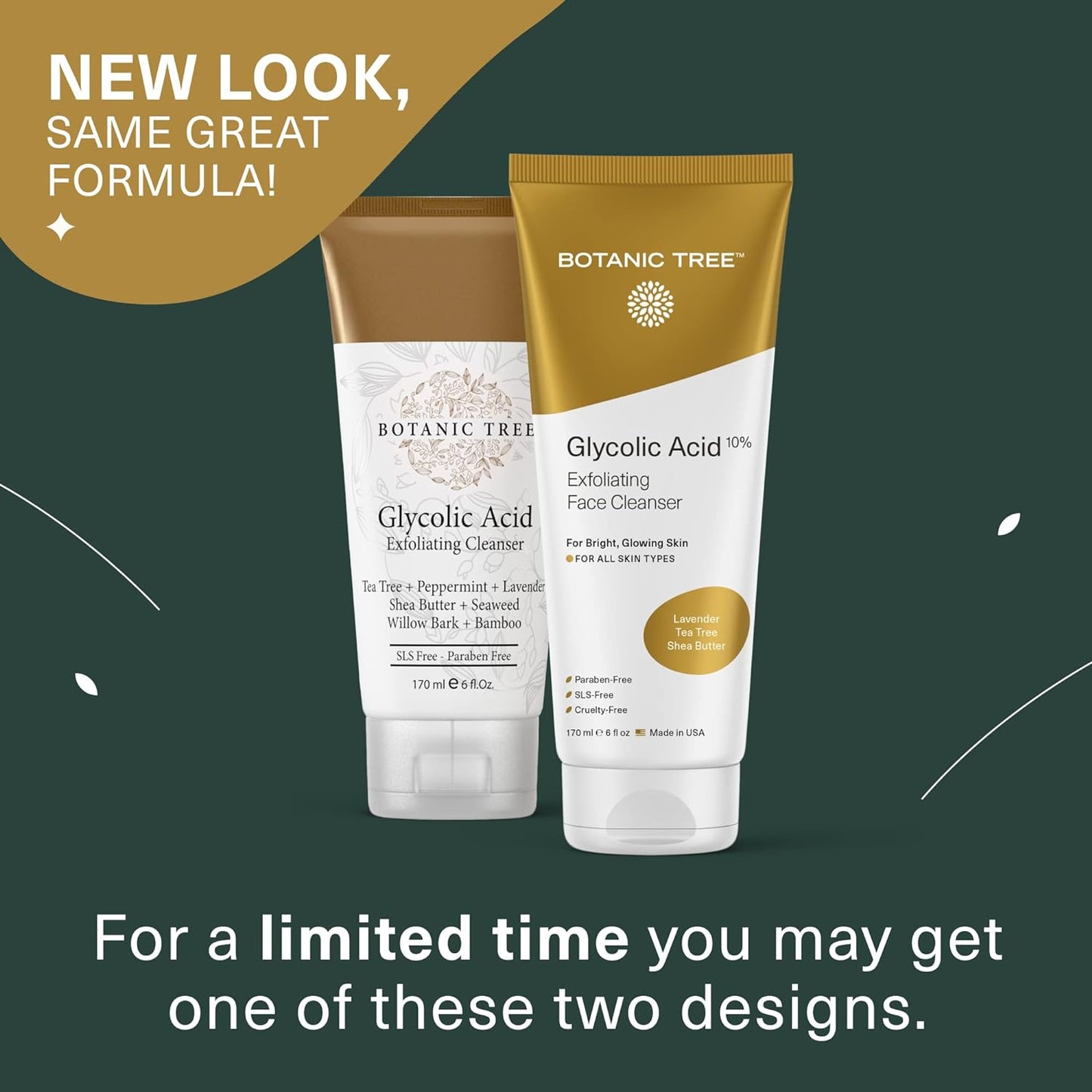 Botanic Tree Glycolic Acid Face Wash, Exfoliating Facial Cleanser and Scrub, 10% Glycolic Acid, AHA and Salicylic Acid, 6 fl. oz