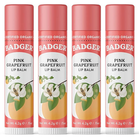 Badger Pink Grapefruit Classic Lip Balm, 100% Organic Lip Balm, Long Lasting Lip Care w/Light Silky Texture, Refreshing & Uplifting, 4 Pack