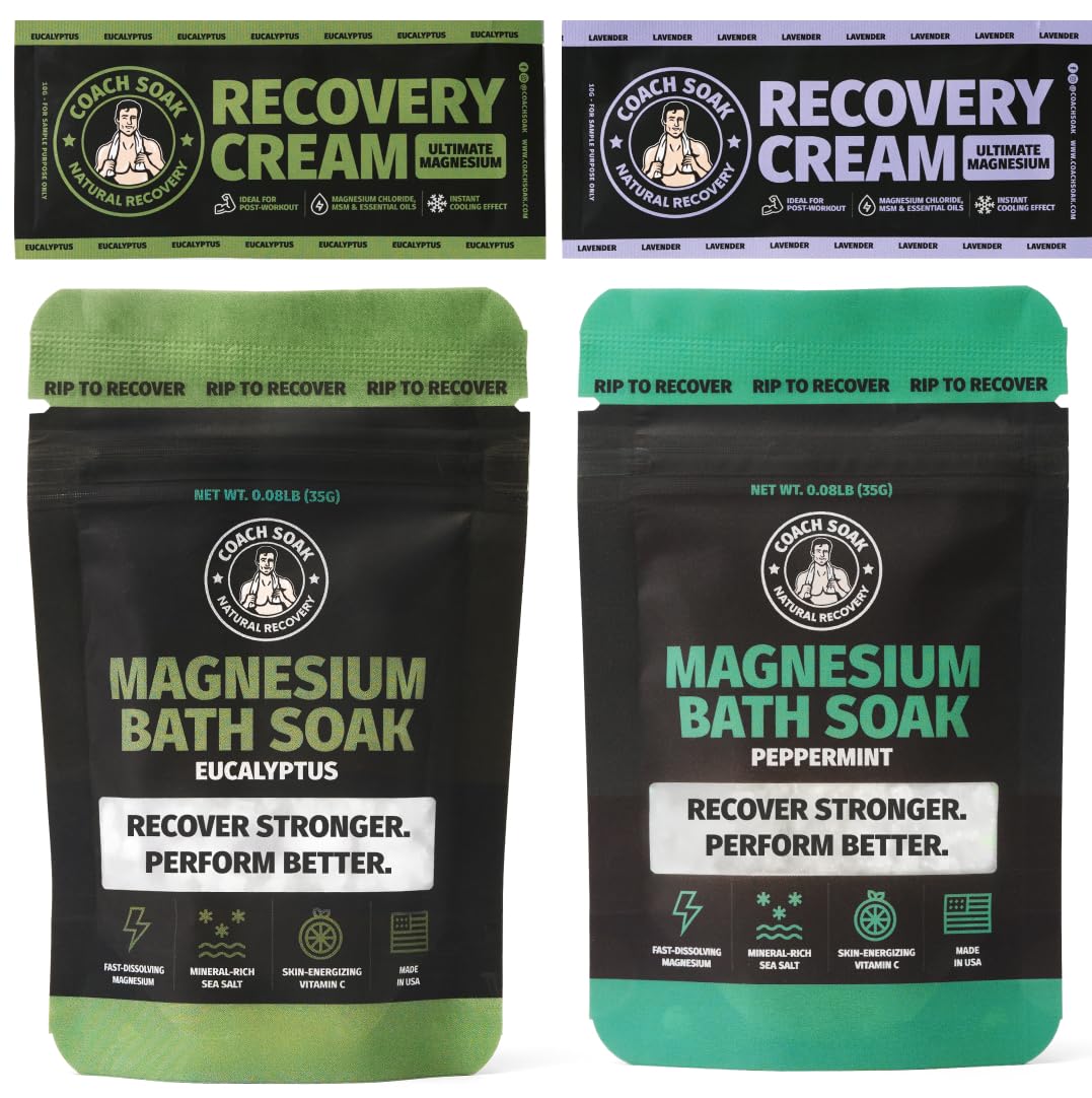 Coach Soak Magnesium Bath Flakes Mint & Lotion Trial Pack - Absorbing Magnesium Cream with Menthol - 0.18 lb (4 Pack) - Mixed Scents