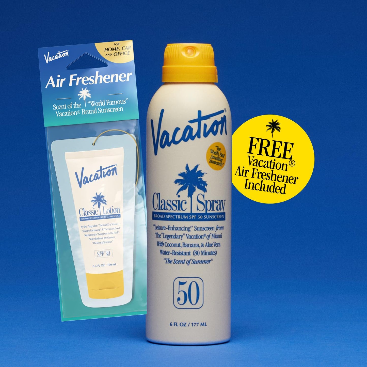 Vacation Classic Sunscreen Spray SPF 50 & Air Freshener Bundle, Water-Resistant, Lightweight, Transparent on All Skin Tones, Dermatologist-Tested, Vegan, 6 Fl. Oz.