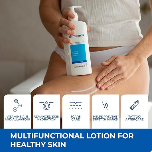 Dermaglos Moisturizing Body Lotion for Dry Skin with Extra Vitamin A, Vitamin E & Allantoin | Hydrating Emulsion & Regenerating formula for Stretch Marks, Tattoos, Scars & Wrinkles | 13.52 Fl Oz