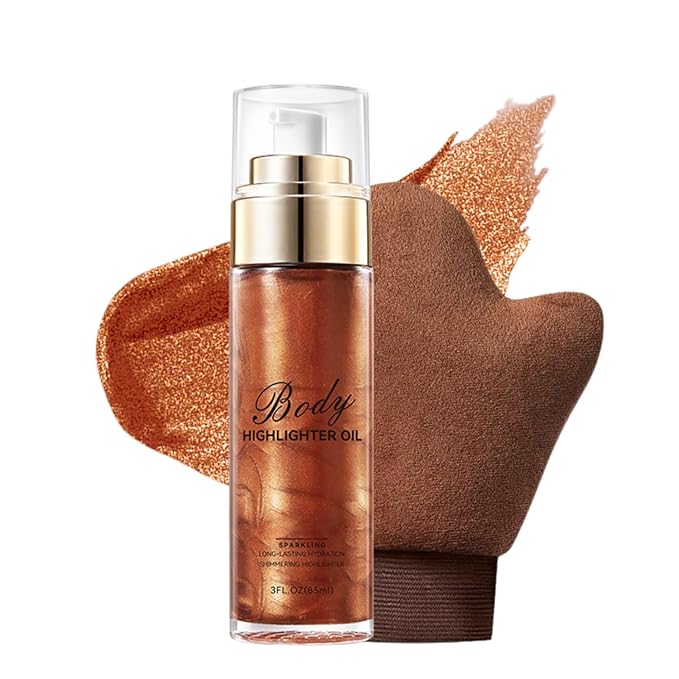 Body Shimmer Oil - Shimmer Body Oil - Moisturizing Gold Brown body Glitter for Women - - Long-Lasting Shimmering Highligter - Summer Essentials for Women - with Applicator Glove with Thumb